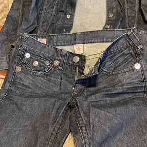 2 PIECE SUIT JEAN JACKET W/ PANTS, DARK BLUE